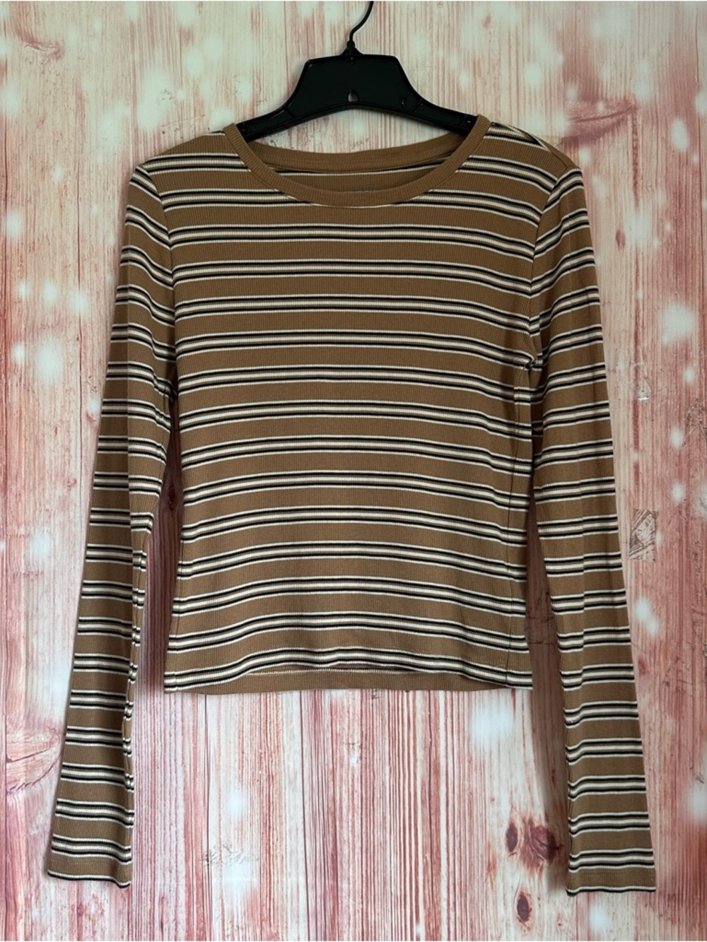Gap Camel Tan Modern Rib White Striped Long Sleeve Crop T-Shirt Size S